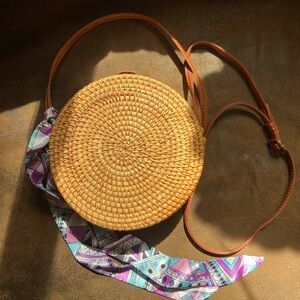 Round Rattan Crossbody Bag Handwoven with Leather Strap
